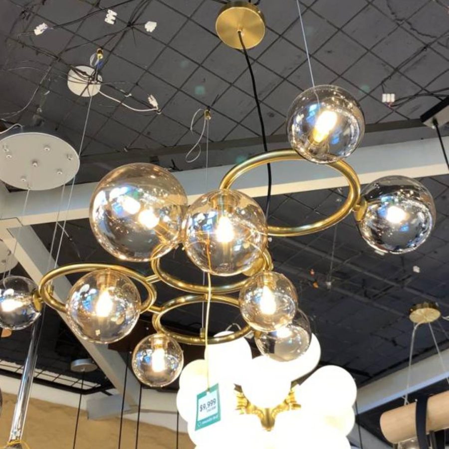 LÁMPARA DECORATIVA DOBLE CIRCULOS DORADOS CON 9 GLOBOS 3 COLORES G9 COD.3590