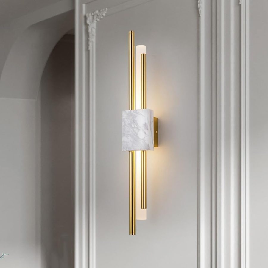 APLIQUE DECORATIVO MÁRMOL BLANCO DOS TUBITOS BRONCES 110V 3000K 60*9CM COD.4780