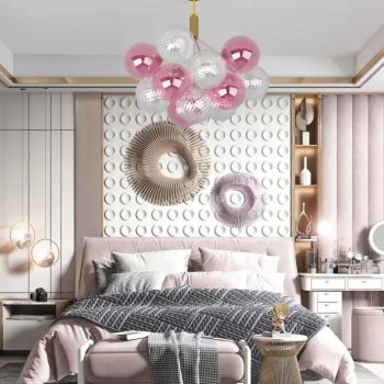 LÁMPARA COLGAR BASE DORADA 13 GLOBOS ROSADOS Y TRANSPARENTE G9 D63*H100cm COD.4736