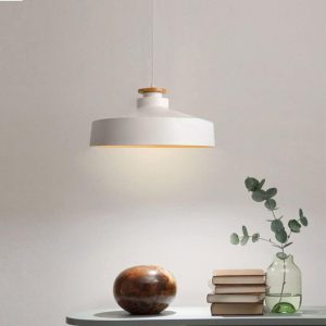 LÁMPARA DECORATIVA CAMPANA BLANCA CIRCULAR TOPE DE MADERA E27 D40CM COD.4805
