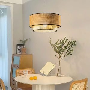 LÁMPARA DECORATIVA COLGANTE DOBLE CIRCULO DE RATTAN D600*H300 1.2CM E27 COD.4938