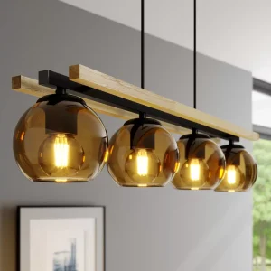 LÁMPARA DEC BARRAS HORIZONTAL IMITACION A MADERA Y NEGRO 4 GLOBOS AMBAR E27 cod. 4153