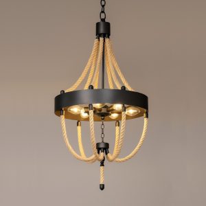 LÁMPARA DECORATIVA COLGAR HIERRO  NEGRO Y SOGA  8 E27 D60*H80CM  IP20 COD.2868
