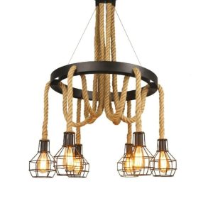 Lámpara de techo decorativa ARO HIERRO NEGRO Y 6 SOGAS CON JAULAS E27 DM 65 CM cod. 3301