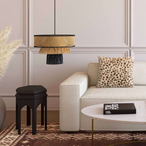 LÁMPARA DECORATIVACOLGAR RATTAN 3 CAPAS DIFERENTES FORMAS NEGRA Y NATURAL E27 60CM COD.4788