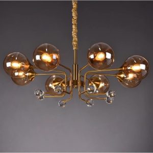 LAMPARA DEC DORADA BRAZOS CURVOS 8 GLOBOS AMBAR E27 Cod. 4395